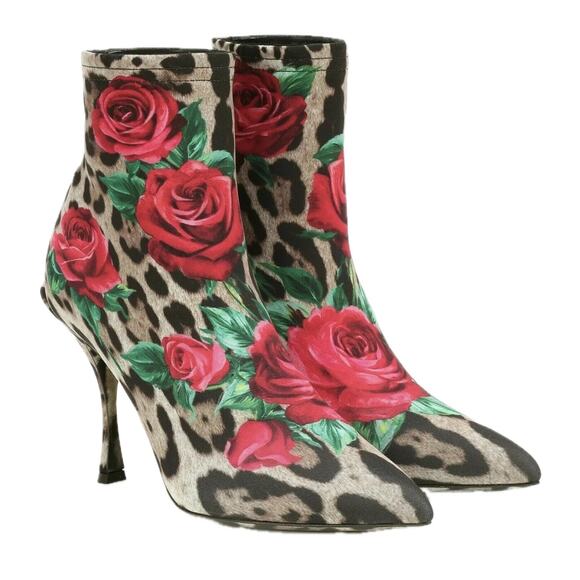 Dolce & Gabbana Floral Leopard Rose Print Stretch booties boots Tan Red 38 - Picture 6 of 9